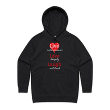 Load image into Gallery viewer, Elevate your casual street style with our women&#39;s regular fit hoodie, featuring the chic &#39;Live, Love, Laugh&#39; message. Part of our premium women&#39;s hoodie collection, this designer piece blends fashion and comfort effortlessly. Perfect for a fashionable, high-quality urban look.
