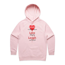 Load image into Gallery viewer, Elevate your casual street style with our women&#39;s regular fit hoodie, featuring the chic &#39;Live, Love, Laugh&#39; message. Part of our premium women&#39;s hoodie collection, this designer piece blends fashion and comfort effortlessly. Perfect for a fashionable, high-quality urban look.
