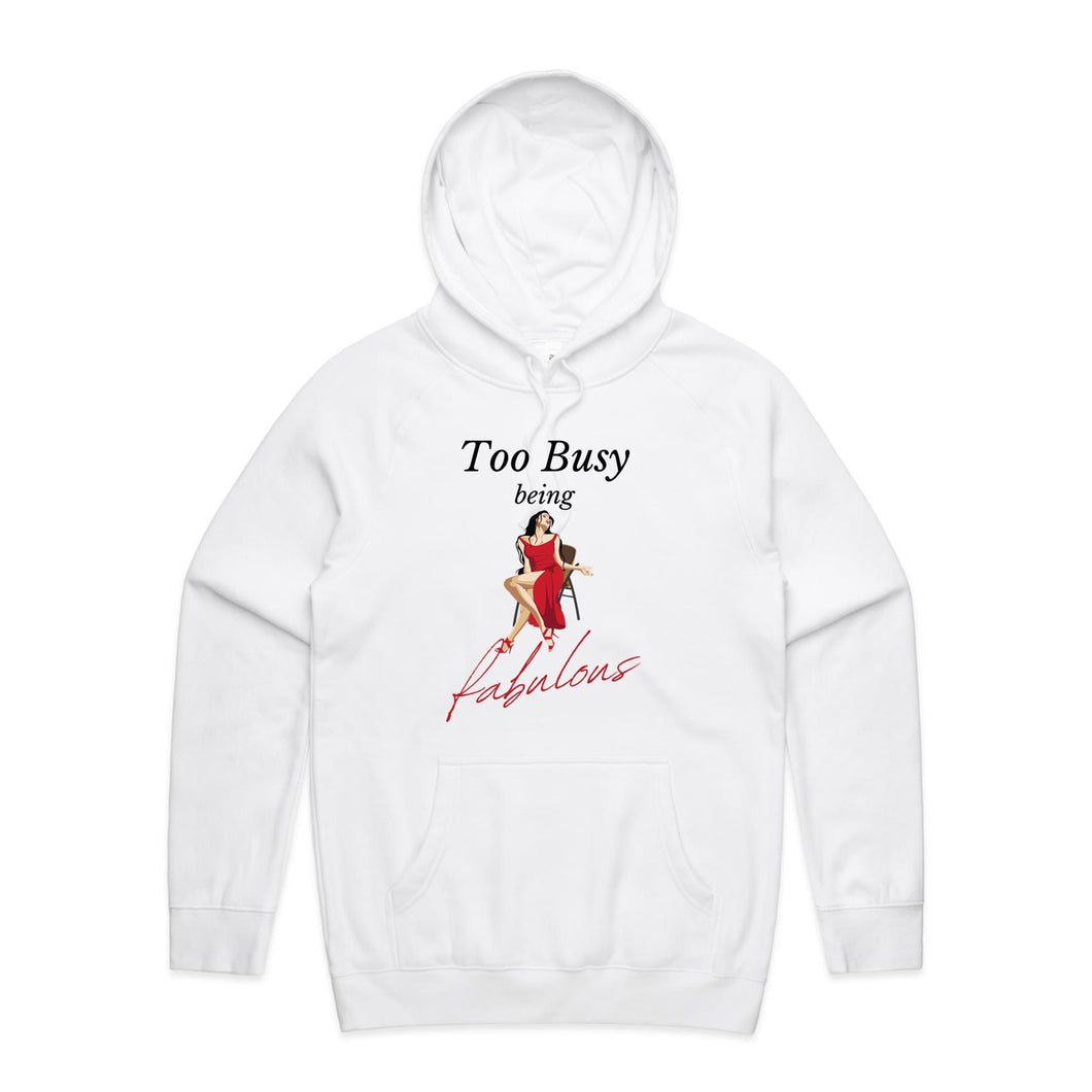 Stay cosy and stylish with our women's relaxed fit hoodie featuring the slogan 'Too Busy Being Fabulous.' This modern, oversized hoodie offers a perfect blend of fashion and comfort, ideal for those who love trendy, relaxed fit women's hoodies with a chic vibe.