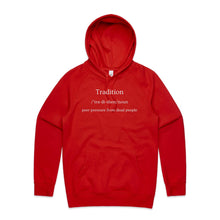 Load image into Gallery viewer, Explore our women&#39;s relaxed fit hoodie with the message &#39;Tradition - Peer Pressure from Dead People.&#39; This stylish, oversized hoodie offers modern comfort and a playful touch, making it the perfect choice for a laid-back, yet fashion-forward look.
