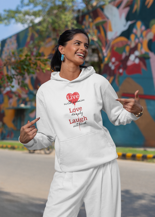 Stay cosy and stylish with our women's relaxed fit hoodie featuring the uplifting 'Live, Love, Laugh' message. This fashionable oversized hoodie offers a modern, casual look, perfect for everyday wear. Embrace comfort and style in our trendy women's hoodies.