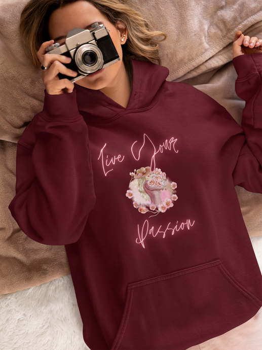Elevate your style with our women's relaxed fit hoodie, featuring the inspiring slogan 'Live Your Passion.' This modern, oversized hoodie combines fashion and comfort, making it a go-to for casual, cosy days. Perfect for those who love trendy, fashionable oversize hoodies.
