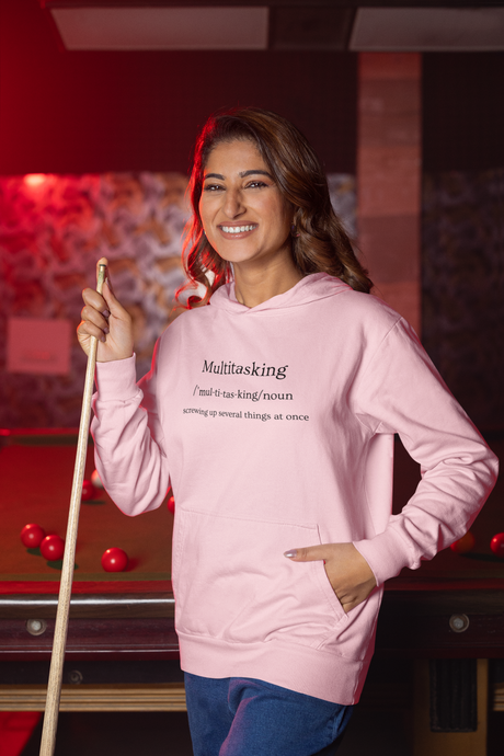 Explore our women's relaxed fit hoodie with the witty message 'Multitasking - Screwing Up Several Things at Once.' This modern, fashionable oversized hoodie offers the perfect blend of comfort and style. Ideal for those who love relaxed fit and chic, contemporary fashion.