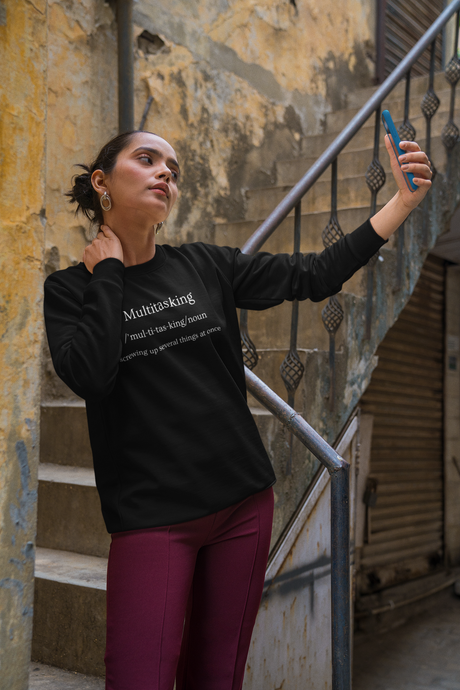 Stay stylish and comfortable in our Women's Relaxed Fit Sweatshirt with the playful message, 'Multitasking - Screwing Up Several Things at Once.' This modern, oversized sweatshirt offers a fashionable and relaxed fit, perfect for adding humour to your casual wardrobe.