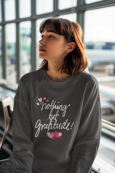 Stay cosy and stylish in our women’s relaxed fit sweatshirt featuring the uplifting message 'Nothing but Gratitude.' Perfect for casual wear, this soft and comfy sweatshirt is crafted from eco-friendly fabric, ideal for layering on chilly days or lounging in comfort. Embrace a positive mindset with this must-have piece!