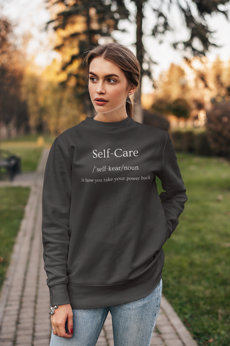 Stay cosy and confident in our women's relaxed fit sweatshirt featuring the empowering message 'Self Care - is how you take your power back.' This modern, fashionable, oversize sweatshirt combines comfort and style, perfect for those who love comfortable, trendy sweatshirts with a positive vibe.