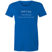 Load image into Gallery viewer, Discover our &#39;Self Care - is how you take your power back&#39; women&#39;s t-shirt, featuring an uplifting slogan that inspires confidence and inner strength. Perfect for those who love affirmation t-shirts, empowering quotes, and motivational designs. Wear this positive message with pride!
