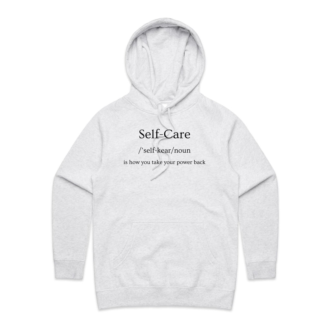 Elevate your street style with our women's regular fit hoodie, featuring the empowering message 'Self Care - is how you get your power back.' Combining chic design with ultimate comfort, this high-quality hoodie is a must-have for your collection. Perfect for effortless, urban-inspired looks!