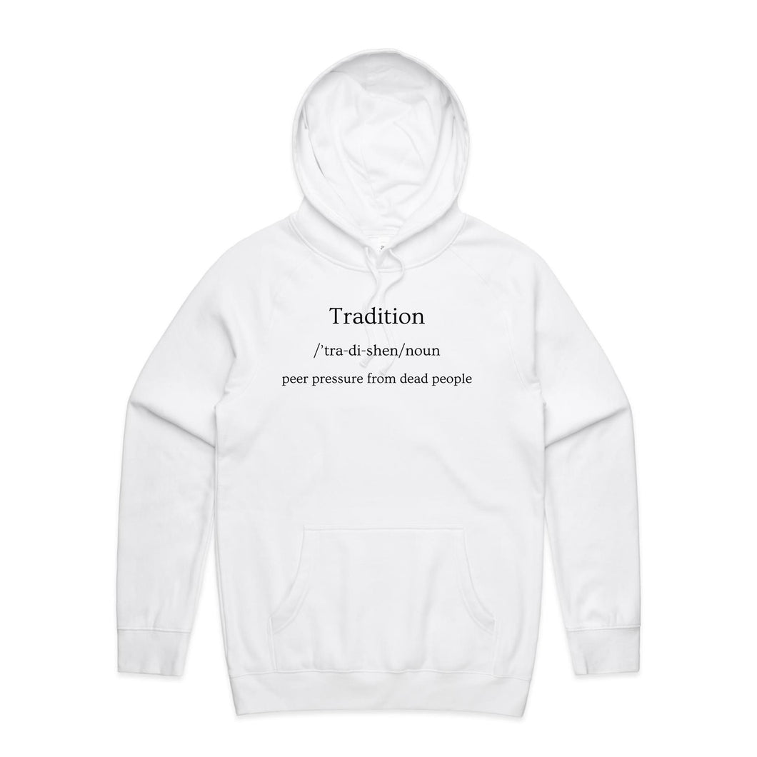 Explore our women's relaxed fit hoodie with the message 'Tradition - Peer Pressure from Dead People.' This stylish, oversized hoodie offers modern comfort and a playful touch, making it the perfect choice for a laid-back, yet fashion-forward look.