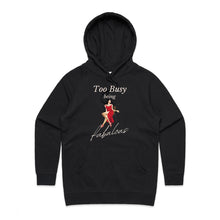 Load image into Gallery viewer, Elevate your style with our women&#39;s regular fit hoodie featuring the slogan &#39;Too Busy Being Fabulous.&#39; This chic, high-quality hoodie is part of our exclusive premium collection, blending casual comfort with designer appeal. Perfect for those who love fashionable, urban women&#39;s hoodie styles.
