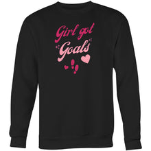 Load image into Gallery viewer, Shop our &#39;Girl Got Goals&#39; women&#39;s sweatshirt, designed for comfort and style. Featuring a modern oversized fit, this relaxed streetwear staple is perfect for goal-getters. Crafted from premium fabric, it&#39;s the ultimate blend of fashionable and comfortable. Perfect for everyday wear!
