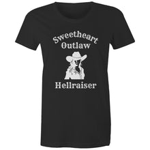 Load image into Gallery viewer, Retro cowgirl vibes meet bold attitude. This vintage-inspired cotton t-shirt is perfect for sweethearts with an outlaw edge.
