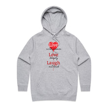 Load image into Gallery viewer, Elevate your casual street style with our women&#39;s regular fit hoodie, featuring the chic &#39;Live, Love, Laugh&#39; message. Part of our premium women&#39;s hoodie collection, this designer piece blends fashion and comfort effortlessly. Perfect for a fashionable, high-quality urban look.
