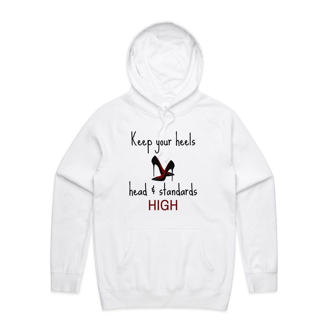 Stay stylish and empowered with our fashionable oversized women's hoodie featuring the inspiring message 'Keep your heels, head, and standards high.' This modern, relaxed-fit hoodie combines comfort with a bold statement, perfect for adding a chic touch to your everyday wardrobe.