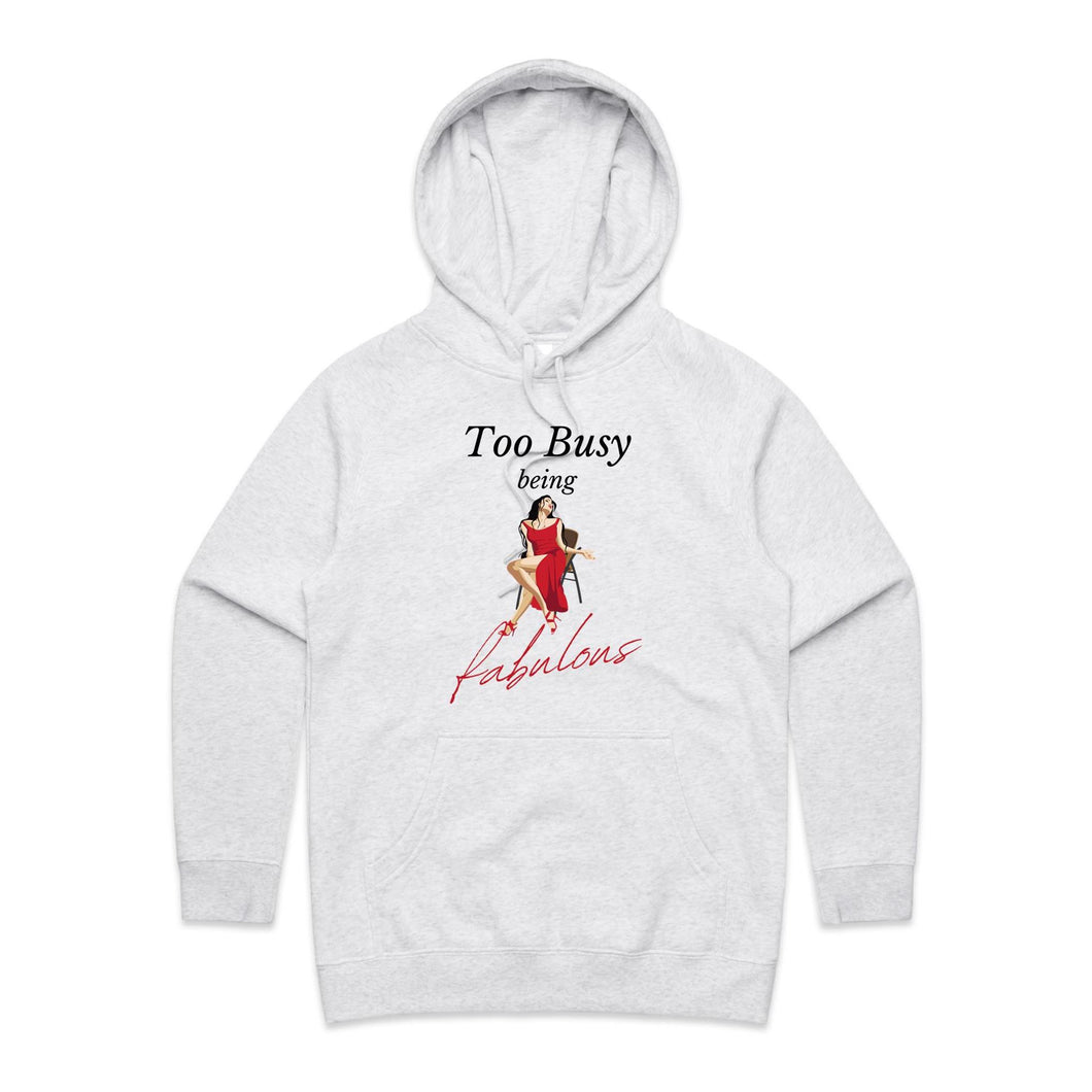 Elevate your style with our women's regular fit hoodie featuring the slogan 'Too Busy Being Fabulous.' This chic, high-quality hoodie is part of our exclusive premium collection, blending casual comfort with designer appeal. Perfect for those who love fashionable, urban women's hoodie styles.