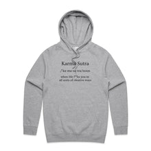 Load image into Gallery viewer, Stay effortlessly stylish with our women&#39;s relaxed fit hoodie featuring the bold message &#39;Karma Sutra - when life f**ks you in all sorts of creative ways.&#39; This fashionable oversized hoodie offers a modern, laid-back vibe perfect for those who love trendy, relaxed fits and bold statements.
