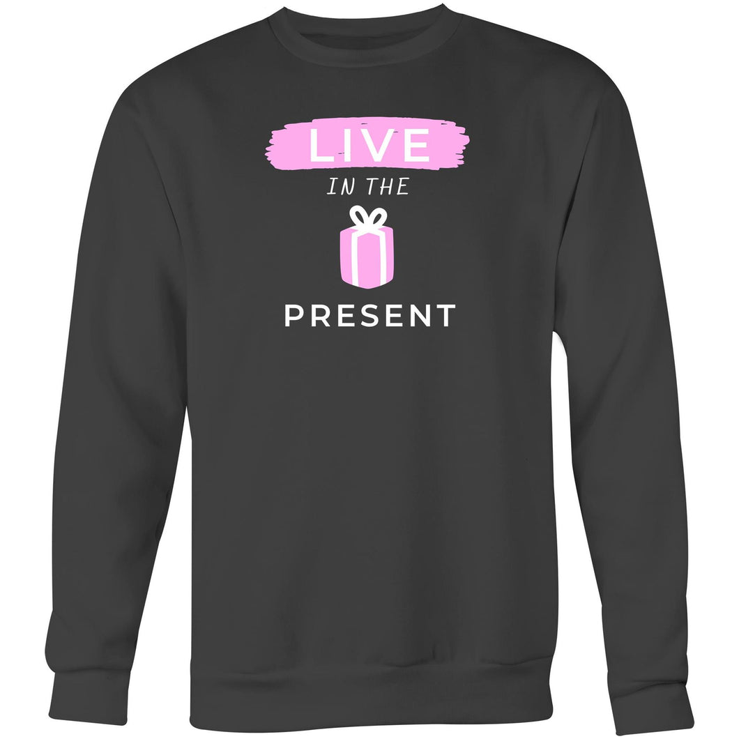 Discover our women's relaxed fit sweatshirt featuring the inspiring slogan 'Live in the Present.' This fashionable oversized sweatshirt offers ultimate comfort, making it the perfect addition to your casual wardrobe. Embrace effortless style and stay cosy while promoting a positive mindset. Upgrade your collection today!